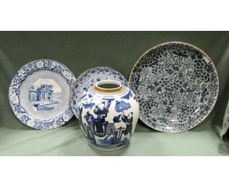 Circular blue and white oriental floral decorated dish, blue and white Davenport ironstone dish, Spode plate and a Chinese fi