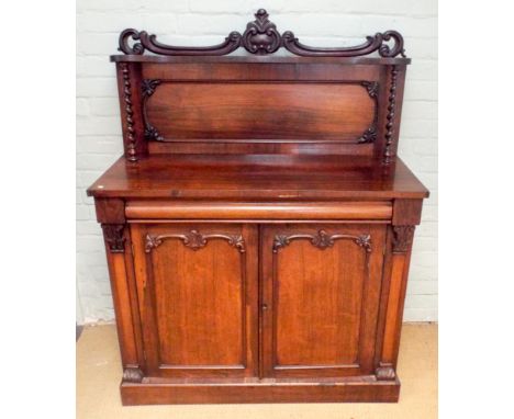 Early Victorian rosewood chiffonier with shelf back, drawer and cupboards under, 3'6" wide 