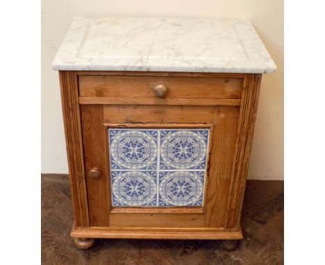 Pine wash stand with white marble top with drawer and tile fronted cupboard under, approx 2' wide 