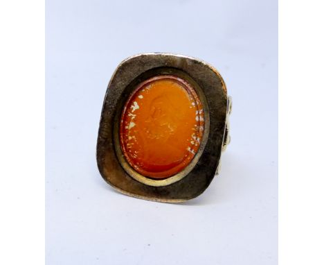 Antique carved intaglio panel hardstone set signet ring, unmarked yellow gold shank, size Q