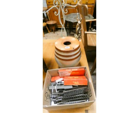 Stoneware water filter, Triang railway track, modern candlestick and a Spelter figurine 