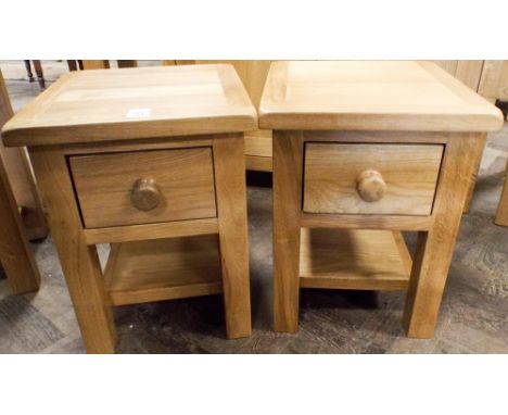 A pair of 2 tier new solid light oak square lamp tables each fitted 1 drawer