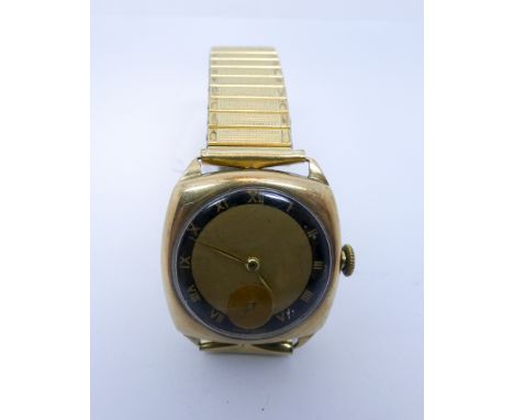 Gents vintage 9 carat cased wristwatch on gold plated flexible strap 