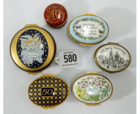Collection of six Halcyon Days enamelled patch boxes to include the Queen's 1977 Jubilee, the Millennium etc  
