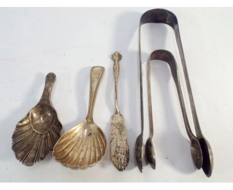 Collection of sugar tongs, Victorian caddy spoons, butter knife etc, gross weight 4oz 