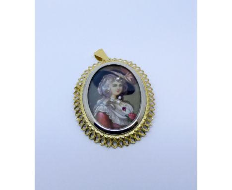 18ct yellow gold framed portrait miniature of an 18th century lady wearing a hat, with gem stone embellishment. with pendant 