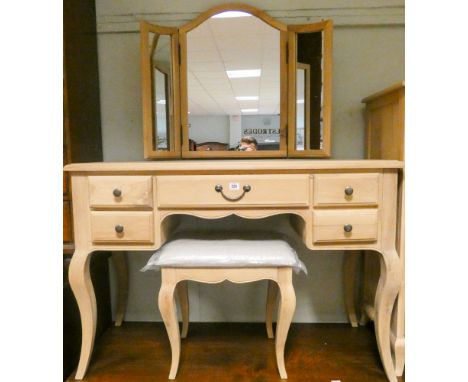 New French style washed oak dressing table, triple mirror and matching cabriole leg stool