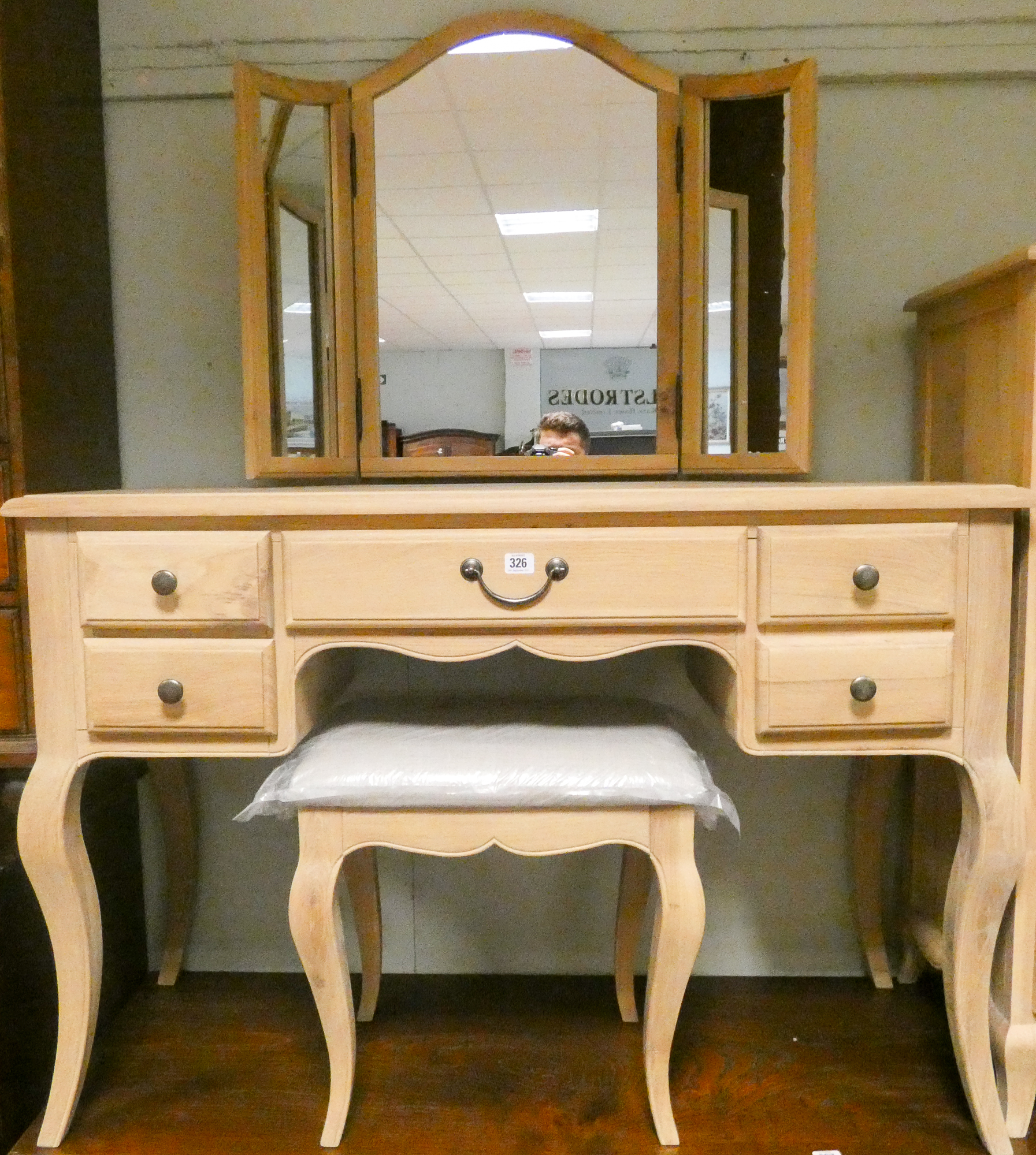 New French style washed oak dressing table, triple mirror and matching