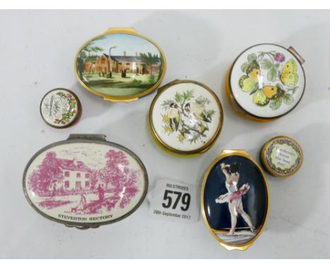 Collection of seven Halcyon Days enamelled patch boxes to include Jane Austen commemorative, birds, butterflies and mill scen