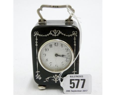 Small tortoiseshell carriage clock inlaid with swags of flowers to the front, silver handle and silver feet. Hallmarks for Lo
