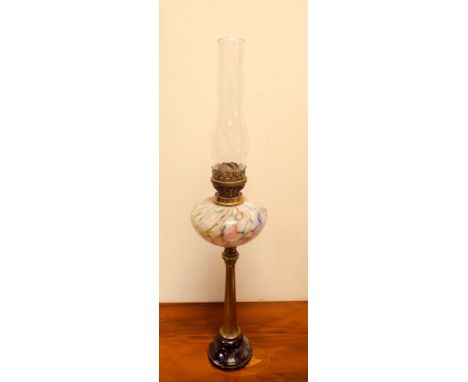 Victorian brass column oil lamp with coloured glass bowl 