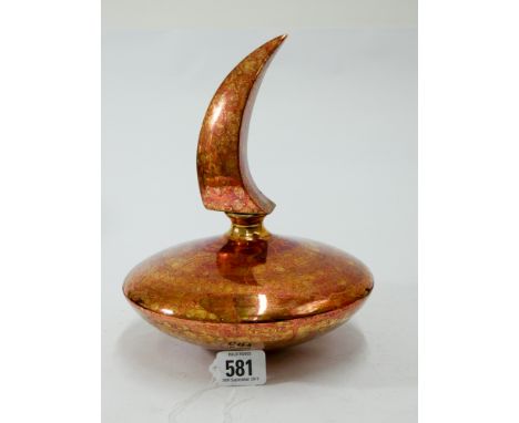 Large art pottery scent bottle with sail shaped stopper, the entire surface covered in a red and gold enamel  
