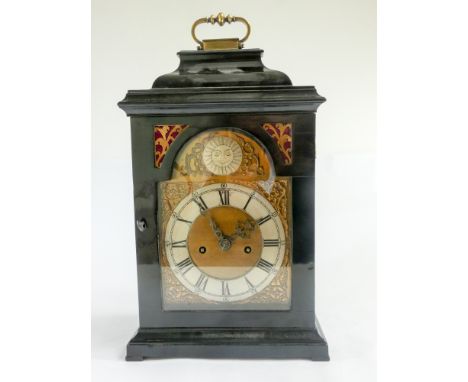 Georgian ebonised bracket clock with double fusee movement, silver and brass arch dial. Approx 17" high, 11" wide 