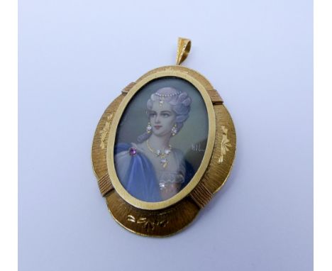 18ct yellow gold framed portrait miniature of an 18th century lady, with gem stone embellishment. with pendant and brooch fas