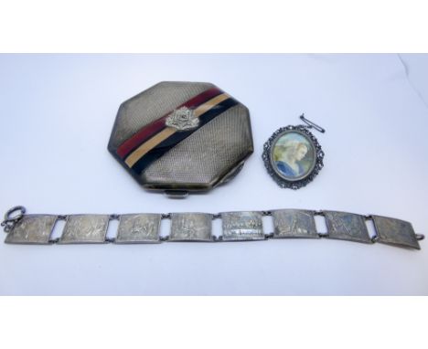 Small oval portrait miniature set brooch in filigree frame, Silver Jerusalem panelled bracelet and silver compact with enamel