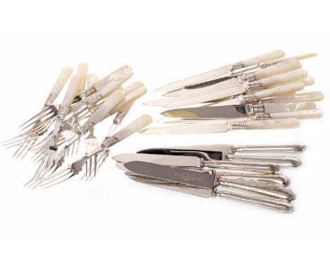 SILVER PLATE AND MOTHER OF PEARL FLATWAREmaker Charles James Allen, comprising four fish knives and forks, 21cm and 17.5cm re