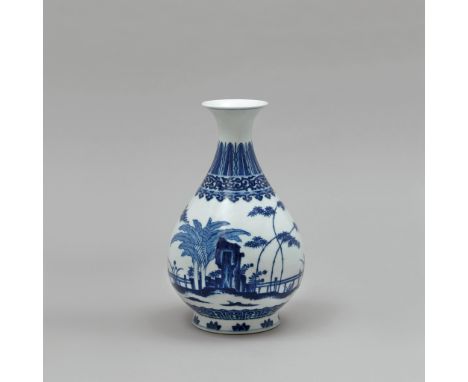 MING STYLE BLUE & WHITE YU HU CHUN PING QIANLONG SIX-CHARACTER SEAL MARK AND OF THE PERIOD (1736 - 1795) The globular body pa