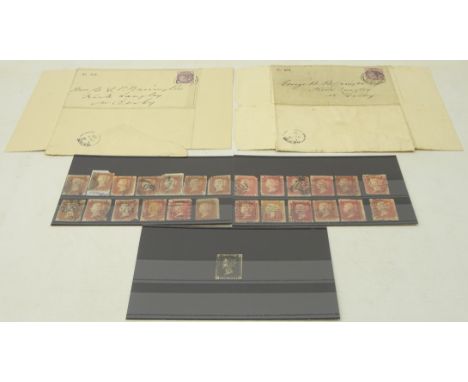 Queen Victoria 1d black stamp, nine imperforate 1d reds, fifteen perf 1d reds and two covers relating to 'Grand Trunk Railway