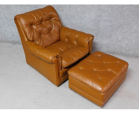 A vintage brown leather upholstered button back armchair with matching footstool. H.85 W.90 D.90cm 