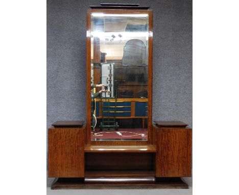 A vintage Continental Art Deco style rosewood teak and ebonised dressing table with central cheval mirror flanked by two pane