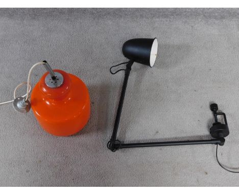 A vintage orange glass and chrome ceiling lamp along with a matte black metal screw on adjustable anglepoise lamp. H.31cm (la