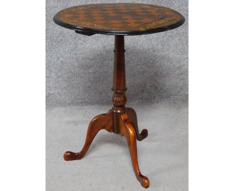 A Victorian mahogany, rosewood and satinwood inlaid chess top table on tripod cabriole supports. H.62 W.48 D.48cm 