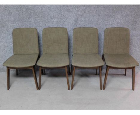 A set of four vintage style beech framed dining chairs in grey upholstery. H.87cm 