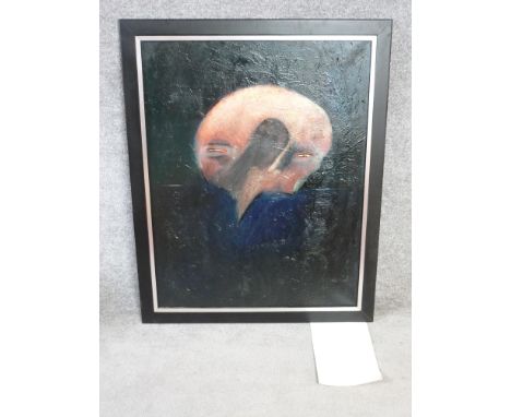 A framed oil on canvas by British artist Steve Matteson, titled 'Quiet Helmut on Still Shelf'. With accompanying exhibition c