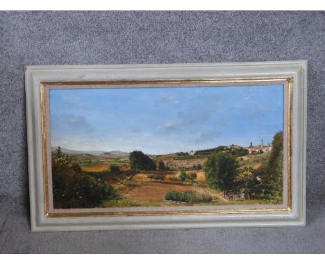 A framed oil on canvas by Cyppo Streatfield. Titled 'San Gimigniano', The Evening Light, Tuscany, Italy. Signed by artist, 94