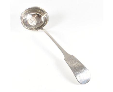 A 19th Century hallmarked silver punch ladle. The ladle having a fiddle pattern terminal with etched foliate design with mono