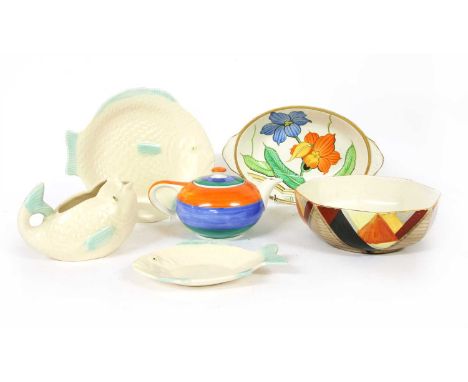 A Susie Cooper Gray's pottery octagonal bowl, painted with geometric panels, an oval bowl; Shorter and sons fish plates, six 