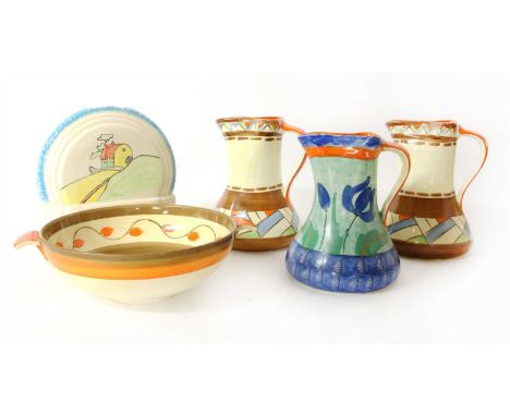 Myott pottery, a pair of jugs, and another similar, with pinched spouts, 20cm, a bowl and a centrepiece (5)