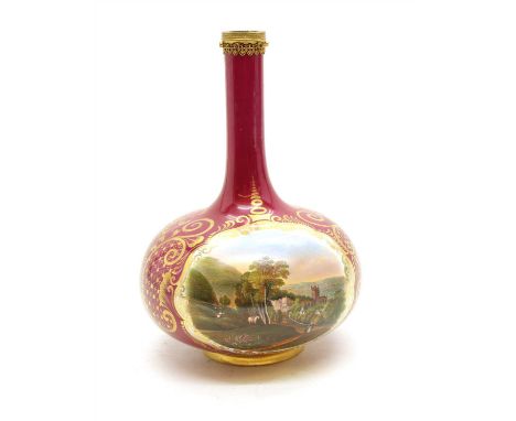 A Chamberlains Worcester bottle vase , the purple ground highlighted in gilt painted with an English town view, with a gilt m