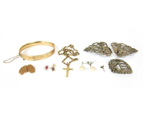 A single 9ct gold cufflink, a gold cross and chain (bolt ring not gold), two single gold earrings, a rolled gold bangle by La