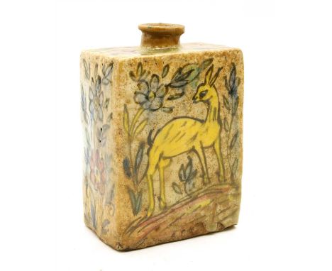 A Persian pottery flask, possibly Qajar, 19th century, decorated with birds, 20cm high