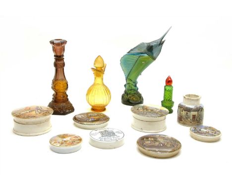 A collection of perfume bottles, to include modelled examples, together with a quantity of prattware, to include a meat paste