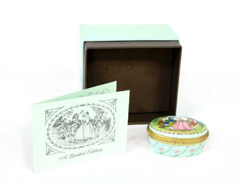 A limited edition Halcyon days 'Minuet' Bilston enamel musical box , c.1980, 124/ 750, with box and certificate of authentici