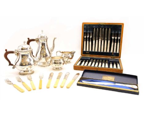 A cased set of early 20th century fruit knives and forks by Allen &amp; Darwin, together with Sheffield plated flatware and a