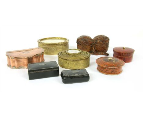 A collection of boxes , to include a 19th century French brass example set with a portrait miniature, a George III copper snu