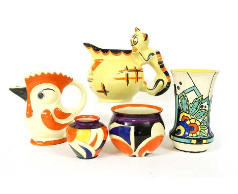 A Myott, Cat and Mouse jug, 20cm high,two Arabian cauldon ware vases, a Czechoslovakian cockerel jug, and a Syrian Phoenix va