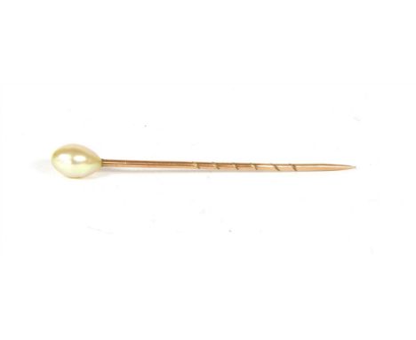 A gold (?) tie pin , with a cultured pearl finial, cased