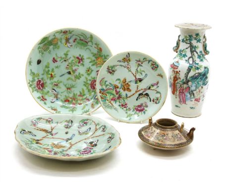 Eleven Chinese green plates and dishes, eight with underglaze blue seal mark, painted in coloured enamels with birds, butterf