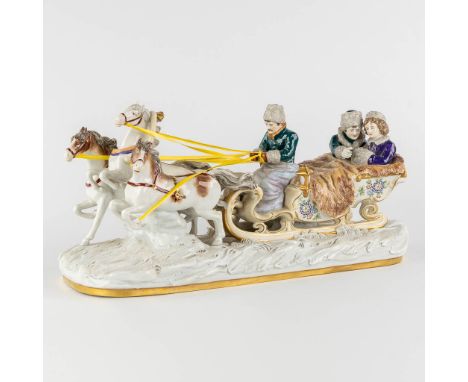 Scheibe-Alsbach, a horse drawn sled, polychrome porcelain.Dimensions: (L:17 x W:40 x H:19 cm)