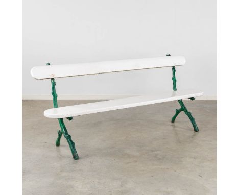 A white patinated garden bench on a cast-iron base.Dimensions: (L:51 x W:195 x H:83 cm)