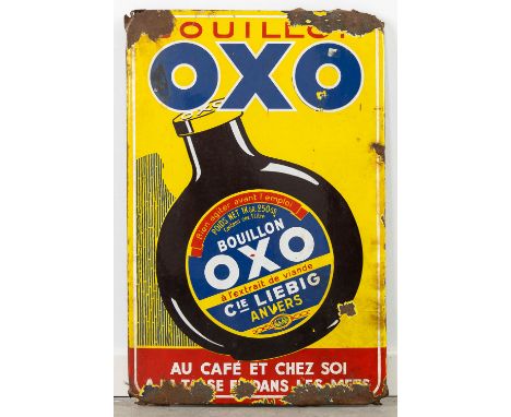 An antique enamel plate 'OXO Bouillon'Dimensions: (W:39 x H:59 cm)