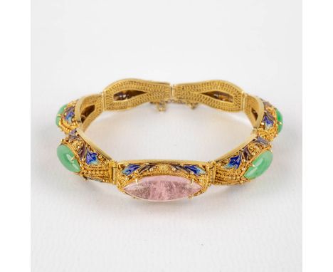 A Bracelet, 14kt yellow gold with Chrysopraas, probably Roze Quartz, Enamel and Filigrana.Total gross weight: 26,70g.Dimensio