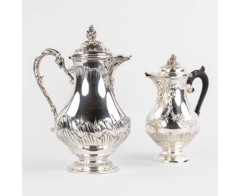 Cardeilhac, two coffee pots, silver with ebony. Louis XV style.Marked with a Minerva, First grade silver, France.Total gross 