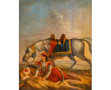 Philibert Joseph BRON (1791-1870) 'Moore warrior with a Horse' oil on panel.Signed lower right.&nbsp;The first half of the 19