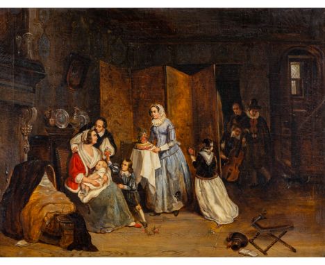 Eugne Franois DE BLOCK (1812-1893) 'Family Scne'An antique painting, oil on canvas.Signed lower right near the bench. 'E. De 