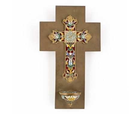 A Holy Water Font, copper with champslevé enamel. Circa 1900.Dimensions: (W:12 x H:20 cm)